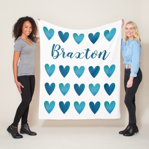 Personalized Cute Blue Hearts Valentines Day  Fleece Blanket