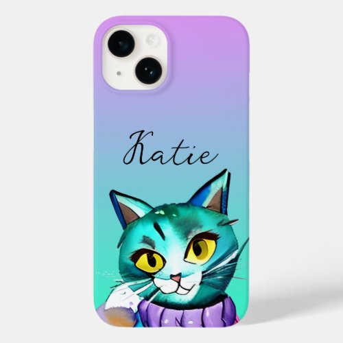 Personalized Cute Blue Kitty Cat Case_Mate iPhone 14 Case