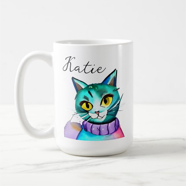 Personalized Cute Blue Kitty Cat Coffee Mug (Left)