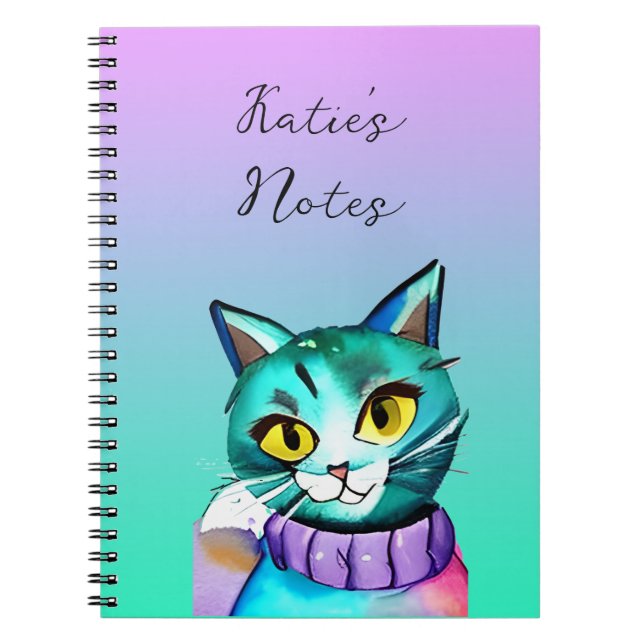 Personalized Cute Blue Kitty Cat Notebook (Front)