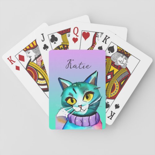 Personalized Cute Blue Kitty Cat Playing Cards