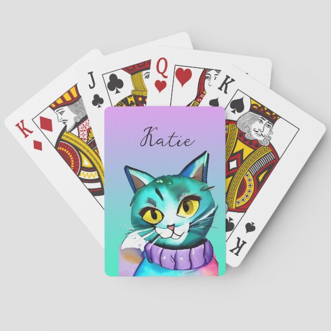 Personalized Cute Blue Kitty Cat Poker Cards (Back)