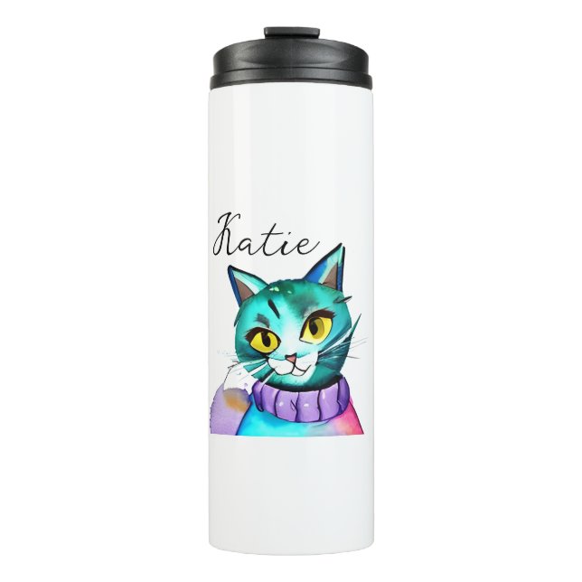 Personalized Cute Blue Kitty Cat Thermal Tumbler (Front)