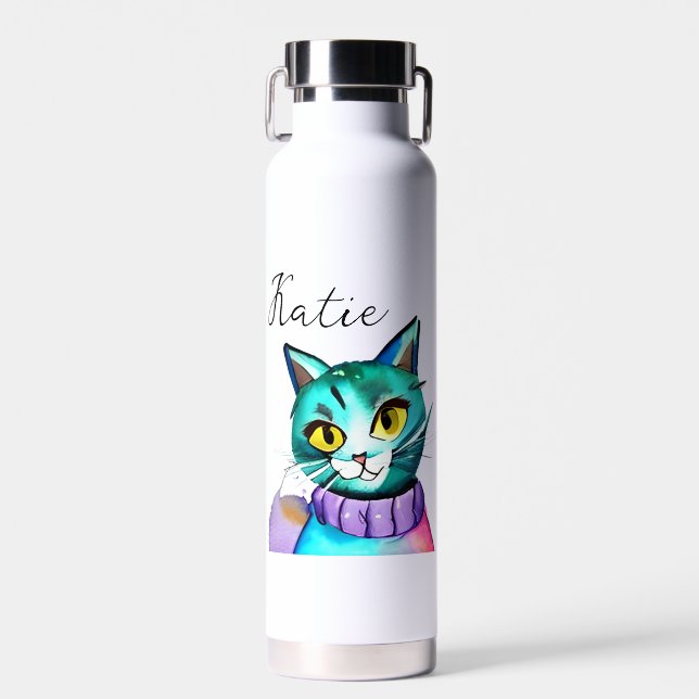Personalized Cute Blue Kitty Cat Water Bottle (Front)