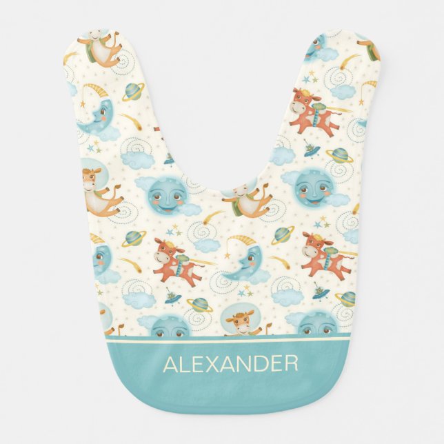 Personalized Cute Blue Over the Moon Baby Bib (Front)