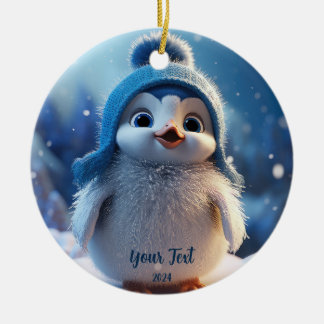Personalized Cute Blue Penguin Custom Holiday Ceramic Ornament