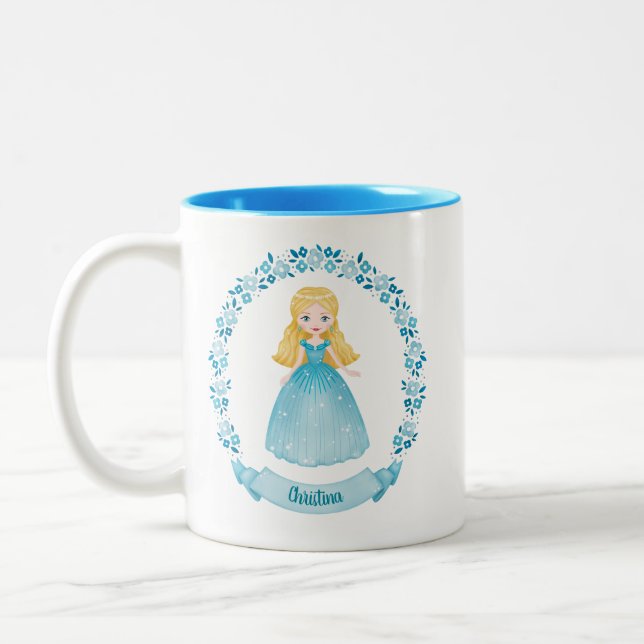 Personalized Cute Blue Princess Two-Tone Coffee Mug (Left)