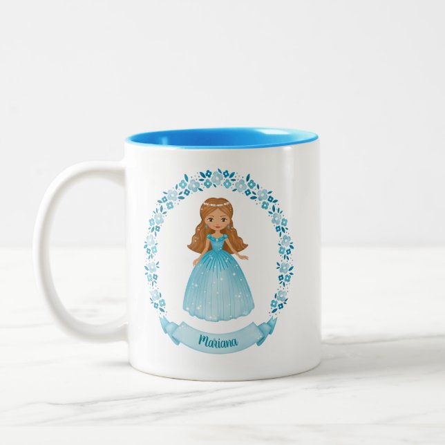 Personalized Cute Blue Royal Princess Two-Tone Coffee Mug (Left)