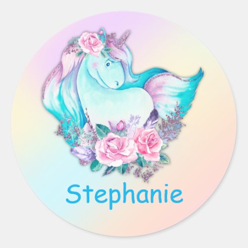 Personalized Cute Blue Unicorn and Pink Roses Classic Round Sticker
