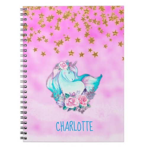 Personalized Cute Blue Unicorn and Roses Pink Notebook