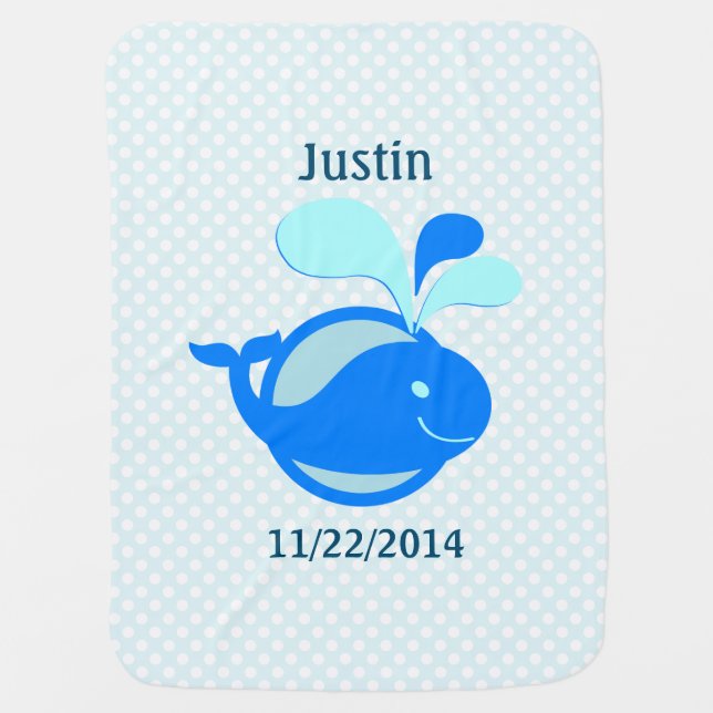 Personalized Cute Blue Whale and Polka Dot Pattern Swaddle Blanket (Front)