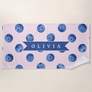 Personalized Cute Blueberry Watercolor Gift Name Beach Towel