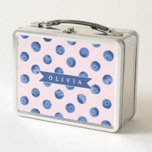 Personalized Cute Blueberry Watercolor Gift Name Metal Lunch Box