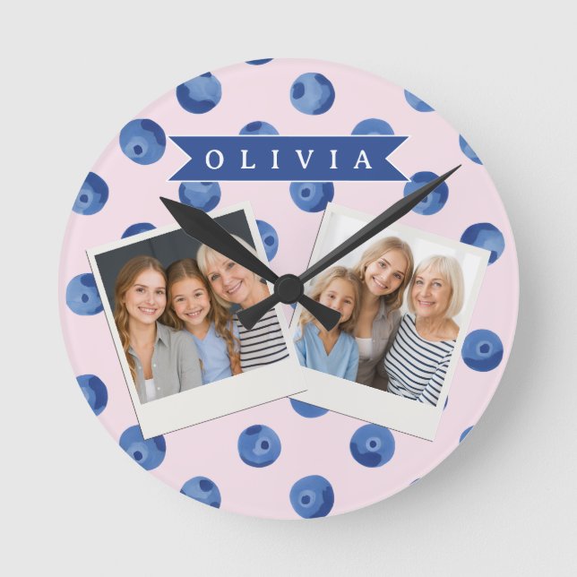 Personalized Cute Blueberry Watercolor Gift Name Round Clock (Front)
