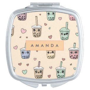 Personalized Cute Boba Tea Pattern Compact Mirror