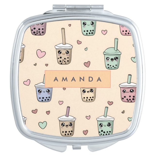 Personalized Cute Boba Tea Pattern Compact Mirror (Front)
