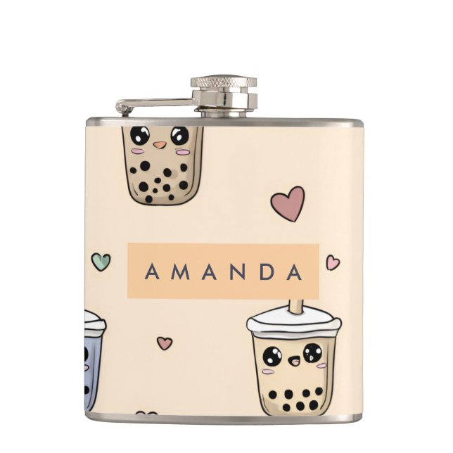 Personalized Cute Boba Tea Pattern Flask (Front)