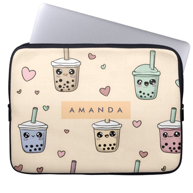 Personalized Cute Boba Tea Pattern Laptop Sleeve (Front)