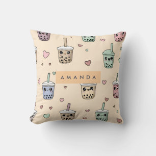 Personalized Cute Boba Tea Pattern Throw Pillow