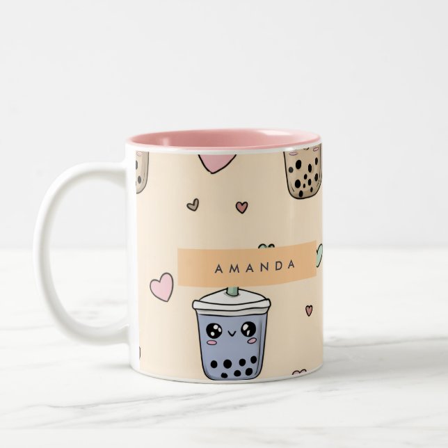 Personalized Cute Boba Tea Pattern Two-Tone Coffee Mug (Left)