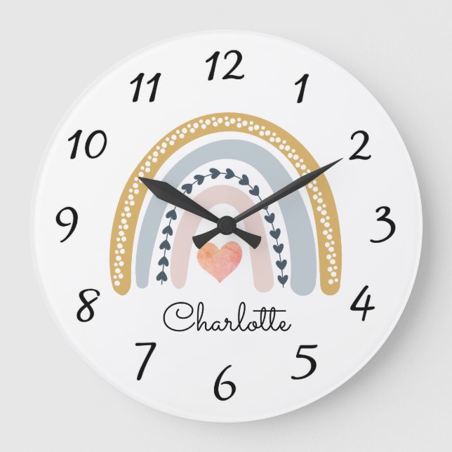 Personalized Cute Boho Watercolor Rainbow Large Cl Clock (Front)