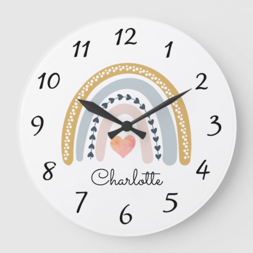 Personalized Cute Boho Watercolor Rainbow Large Cl Large Clock
