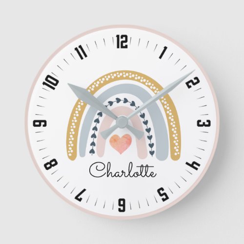 Personalized Cute Boho Watercolor Rainbow Large Cl Round Clock