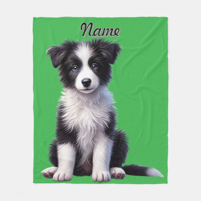 Personalized Cute Border Collie Puppy Fleece Blanket (Front)