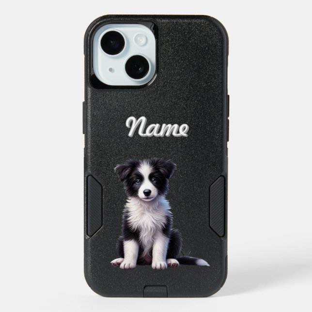 Personalized Cute Border Collie Puppy iPhone 15 Case (Back)