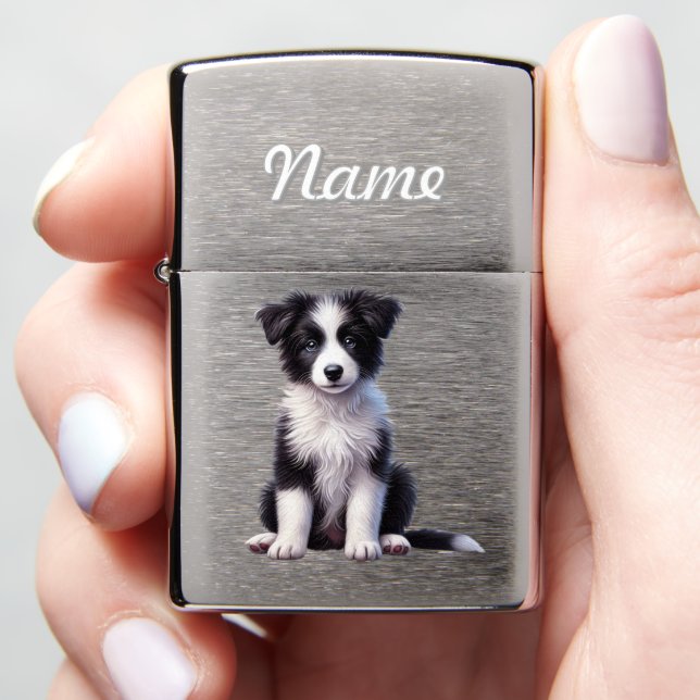 Personalized Cute Border Collie Puppy Zippo Lighter (In Hand)