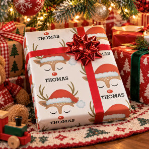 Personalized Cute Boy Christmas Reindeer Face Wrapping Paper