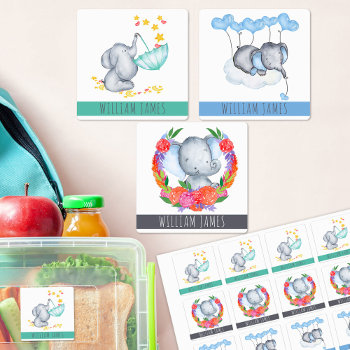 Personalized Cute Boy Elephants Waterproof Kids' Labels by darlingandmay at Zazzle
