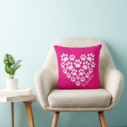 Personalized Cute Bright Pink Paw Print Heart Throw Pillow