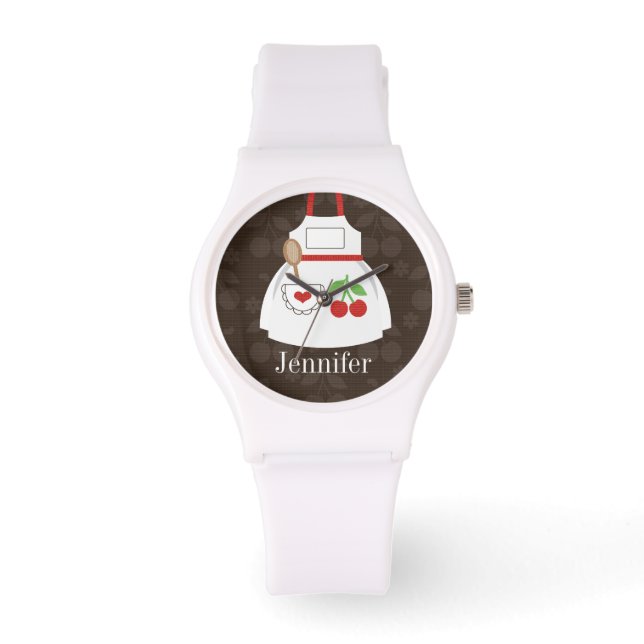 Personalized Cute Brown and Red Kitchen Apron Watch (Front)