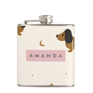 Personalized Cute Brown Dachshund Puppy Flask