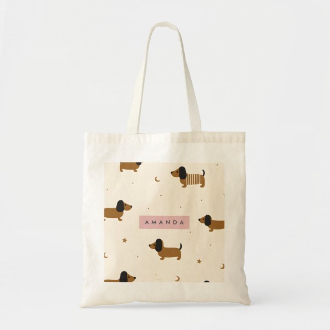 Personalized Cute Brown Dachshund Puppy Tote Bag (Front)