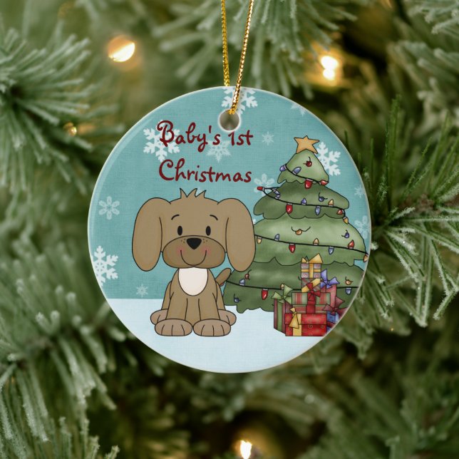 Personalized Cute Brown Dog Baby's 1st Christmas Ceramic Ornament (Tree)