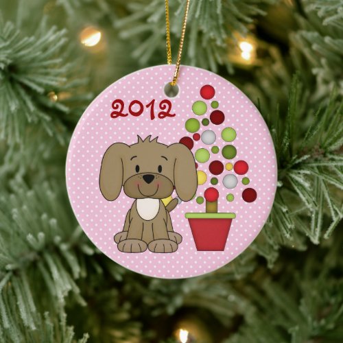 Personalized Cute Brown Dog with Christmas Tree Ceramic Ornament