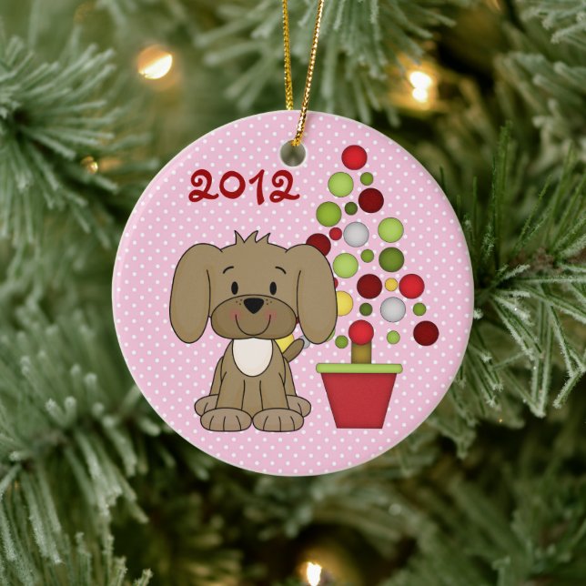 Personalized Cute Brown Dog with Christmas Tree Ceramic Ornament (Tree)