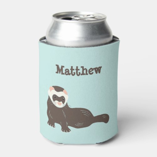 Personalized Cute Brown Ferret Mint Green Can Cooler