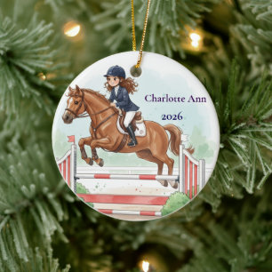 Personalized Cute Brown-Ha Girl Horse Show Jumping Ceramic Ornament
