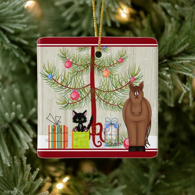 Personalized Cute Brown Horse and Cat Christmas Ceramic Ornament (Tree)