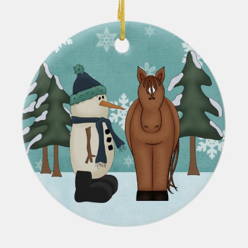 Personalized Cute Brown Horse and Funny Snowman Ceramic Ornament