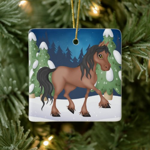 Personalized Cute Brown Horse Christmas Ceramic Ornament