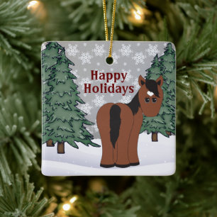 Personalized Cute Brown Horse Happy Holidays Ceramic Ornament