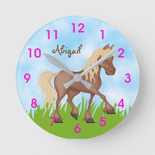 Personalized Cute Brown Horse Round Clock