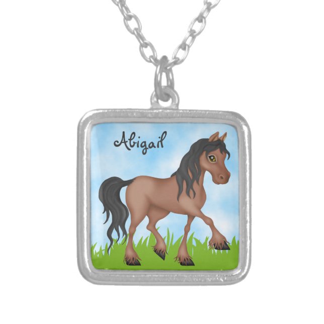 Personalized Cute Brown Horse Silver Plated Necklace (Front)