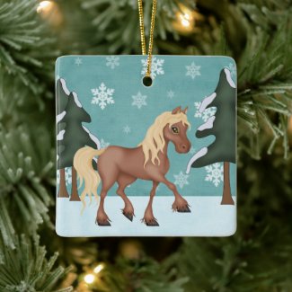 Personalized Cute Brown Horse Snowy Christmas Ceramic Ornament
