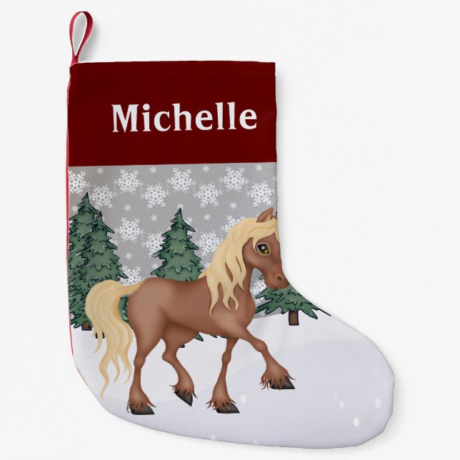 Personalized Cute Brown Horse Winter Scene Small Christmas Stocking (Front)
