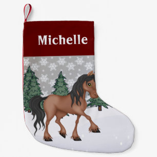 Personalized Cute Brown Horse Winter Scene Small Christmas Stocking